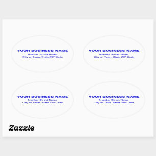 Adesivo Oval Texto simples azul Endereço comercial em branco