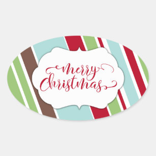 Adesivo Oval Tipografia de Natal Red Merry com faixas diagonais