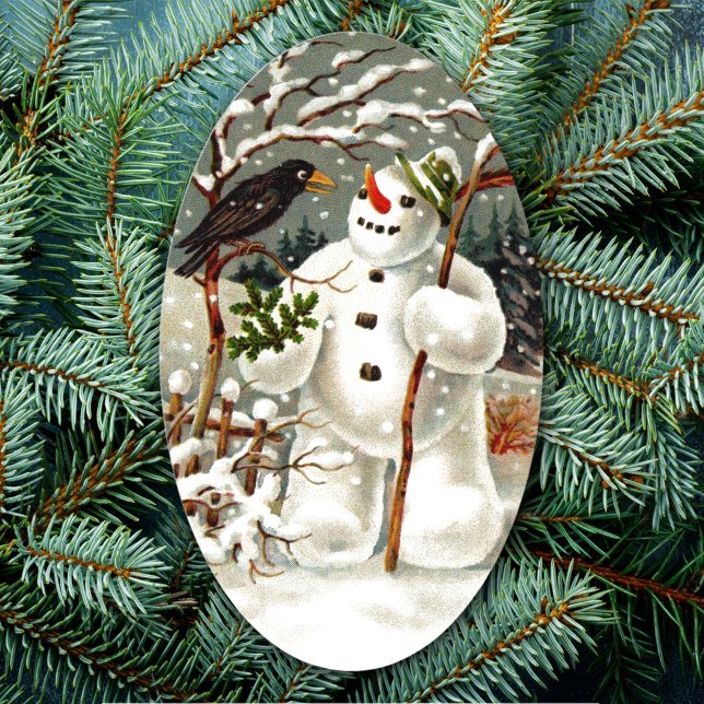 Adesivo Oval título: Snowman e Crow Oval Sticker (Criador carregado)