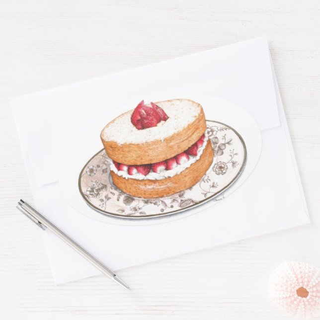 Adesivo Oval Torta de morango vintage em louça (Envelope)