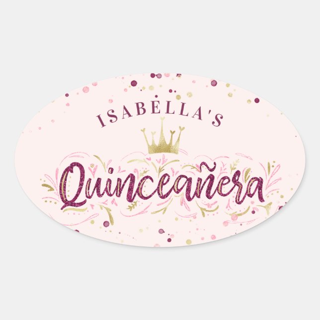Adesivo Oval Trendy Blush Burgundy e Confetti Quinceañera Doura (Frente)