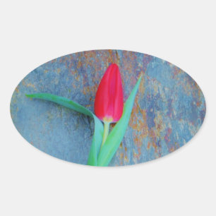 Adesivo Oval Tulipa Vermelha na Cinza Azul