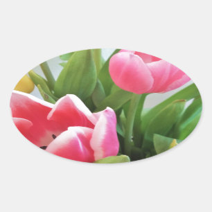 Adesivo Oval Tulipas cor-de-rosa, Buquê Floral, Flores