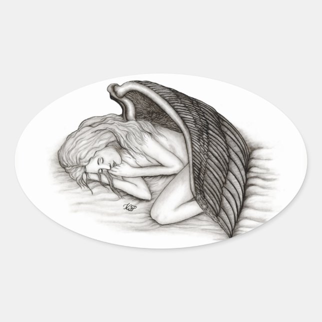 Adesivo Oval Um anjo adormecido, Design preto e branco (Frente)