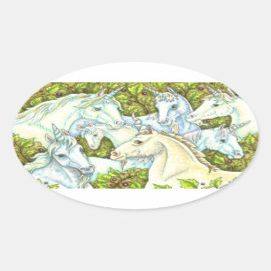 Adesivo Oval UNICORN HERD, HORSES, STALLION Fantasy