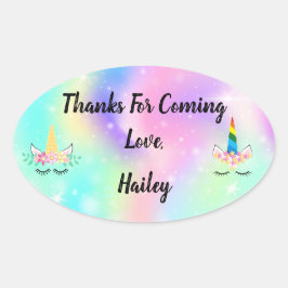 Adesivo Oval Unicorn Horn Party Obrigado Sticker