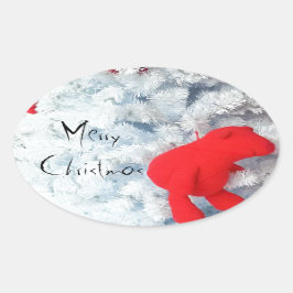 Adesivo Oval Ursinho Vermelho na Árvore de Natal