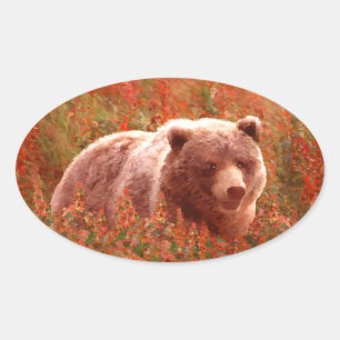 Adesivo Oval Urso Grizzly na Pintura de Arte Selvagem com Algas