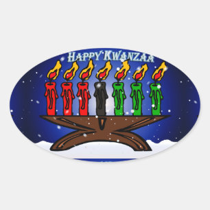 Adesivo Oval Vela Kinara de Kwanzaa com neve e cumprimento