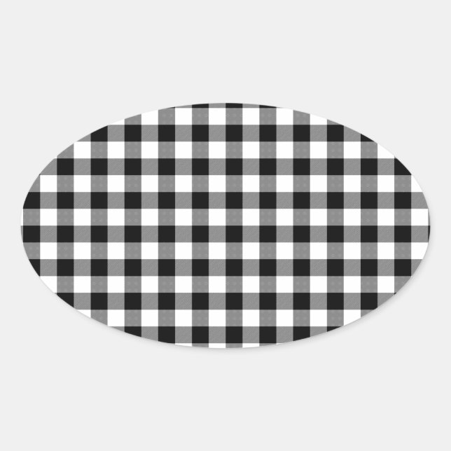 Adesivo Oval Verificações de Gingham Preto e Branco (Frente)
