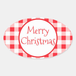 Adesivo Oval Vermelho Branco Xadrez Caprichoso FELIZ NATAL
