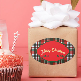 Adesivo Oval Vermelho e Verde Xadrez Feliz Natal