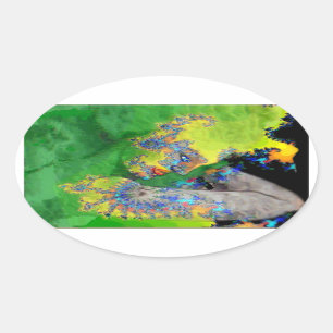 ADESIVO OVAL VIBRAÇÕES DE MATÉRIA, MULHER FRACTAL NO AMARELO