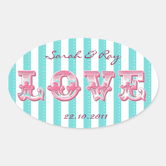 Adesivo Oval Vinheta de amor azul e branco da faixa doce (Frente)