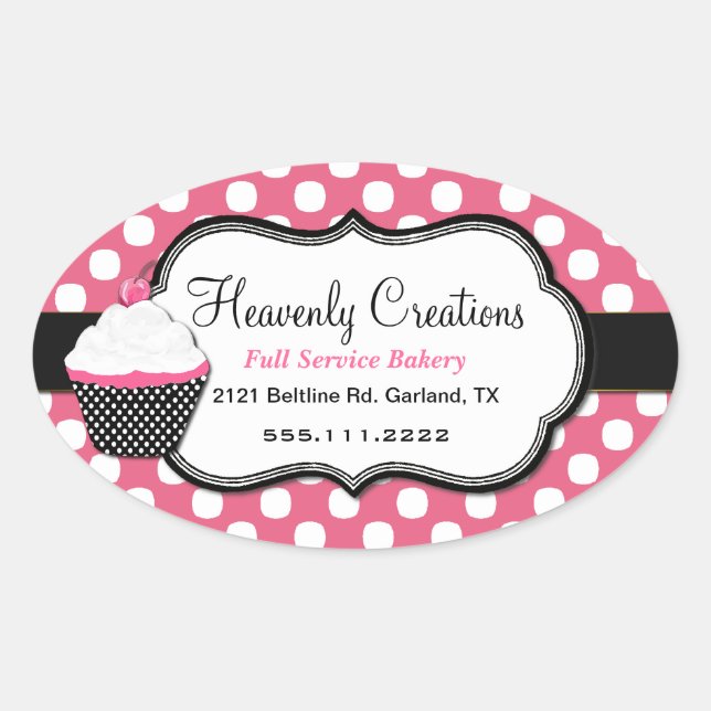 Adesivo Oval Vinheta de Bolinhas doce e Cupcake (Frente)