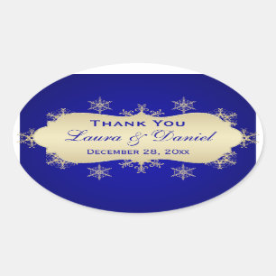 Adesivo Oval Vinheta de Casamento de Floco de Neve Azul, Dourad