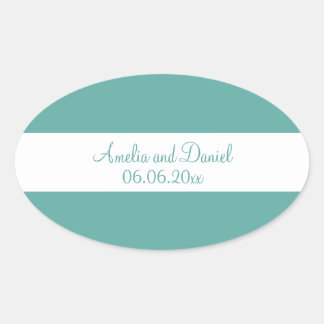 Adesivo Oval Vinheta de Casamento Personalizado Branca e Teal