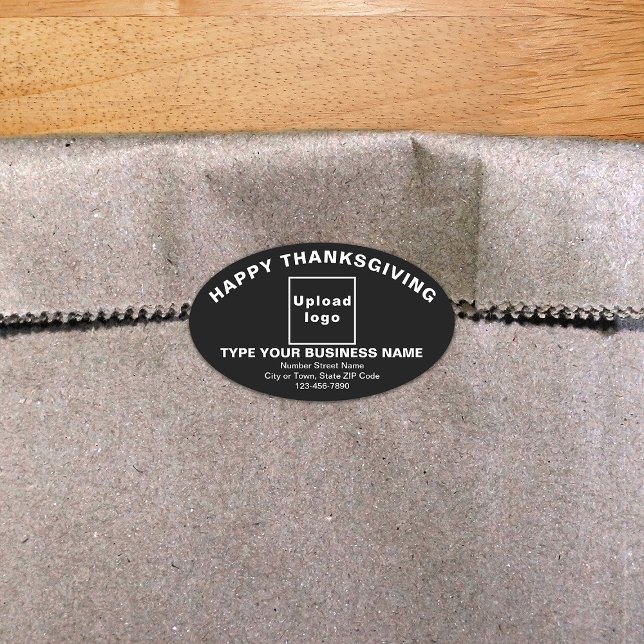 Adesivo Oval Vinheta de Oval Preto de Ação de Graças Comercial (Thanksgiving greeting with your business brand on black oval shape sticker.)