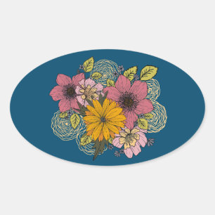 Adesivo Oval Vinheta Oval de Buquê Floral