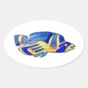 Adesivo Oval Vinheta Oval de Peixes-Butterflyfish Azul