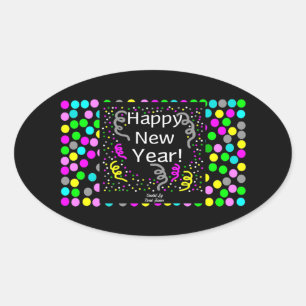 Adesivo Oval Vinheta Oval de Saudações de feliz ano novo