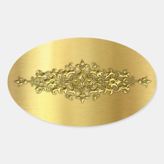 Adesivo Oval Vinhetas de Casamento Elegante, Dourado (Frente)