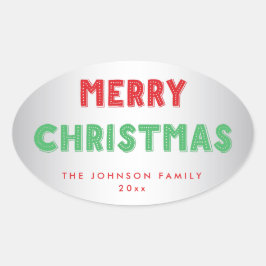 Adesivo Oval Vinhetas de Natal Feliz de Prata Personalizadas
