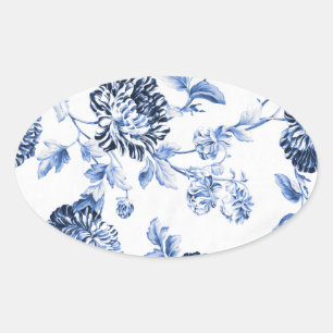 Adesivo Oval Vintage azul Toile floral No.5 da pervinca