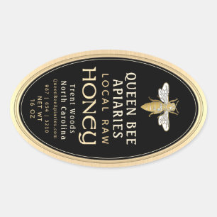 Adesivo Oval Vintage Bee 16 oz Queenline Jar Honey Label Black