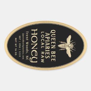 Adesivo Oval Vintage Bee 16 oz Queenline Jar Honey Label Dourad