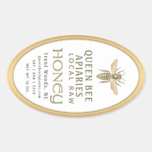 Adesivo Oval Vintage Bee 16 oz Queenline Jar Honey Label Dourad