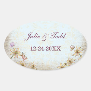 Adesivo Oval Vintage Blue Floral Casamento Salvar Data