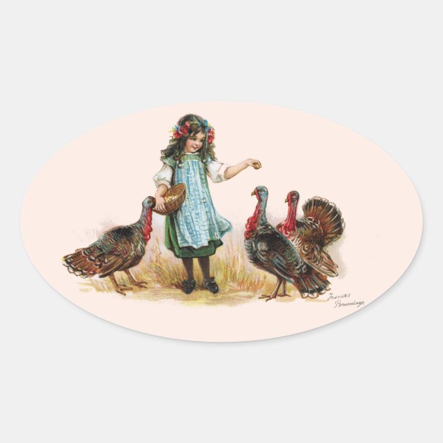 Adesivo Oval Vintage Fazenda Girl & Turkeys Oval Sticker (Frente)