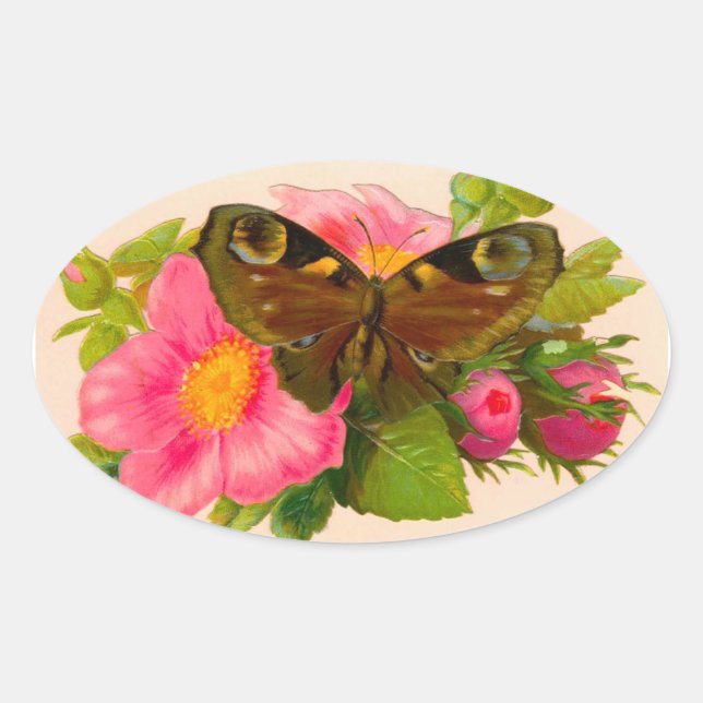 Adesivo Oval Vintage Flower and Moth (Frente)