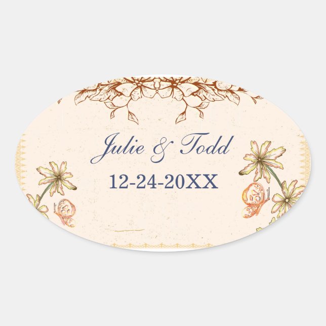 Adesivo Oval Vintage Flowers Casando Salvar A Data (Frente)