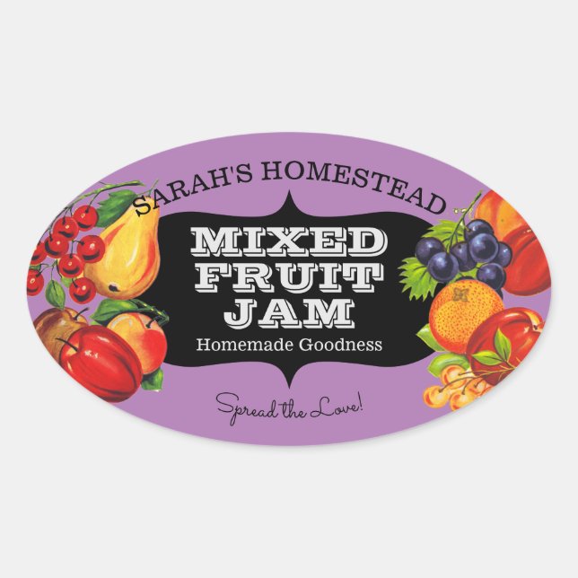 Adesivo Oval Vintage Jam Label Fruta Preserve (Frente)