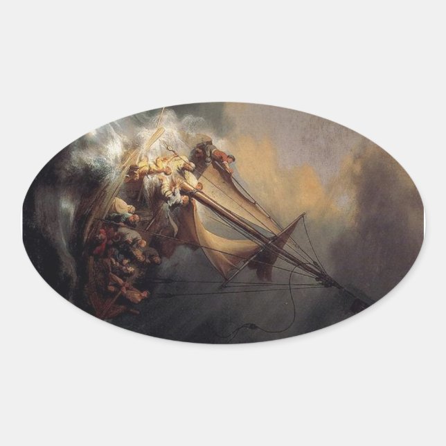 Adesivo Oval Vintage Jesus calmando pintura de tempestade (Frente)
