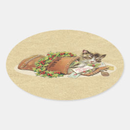 Adesivo Oval Vintage Merry Christmas Mail Cat