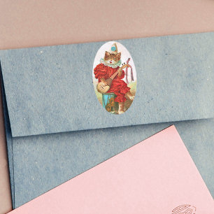 Adesivo Oval Vintage Palhaço Músico do Jester Cat Mandolin