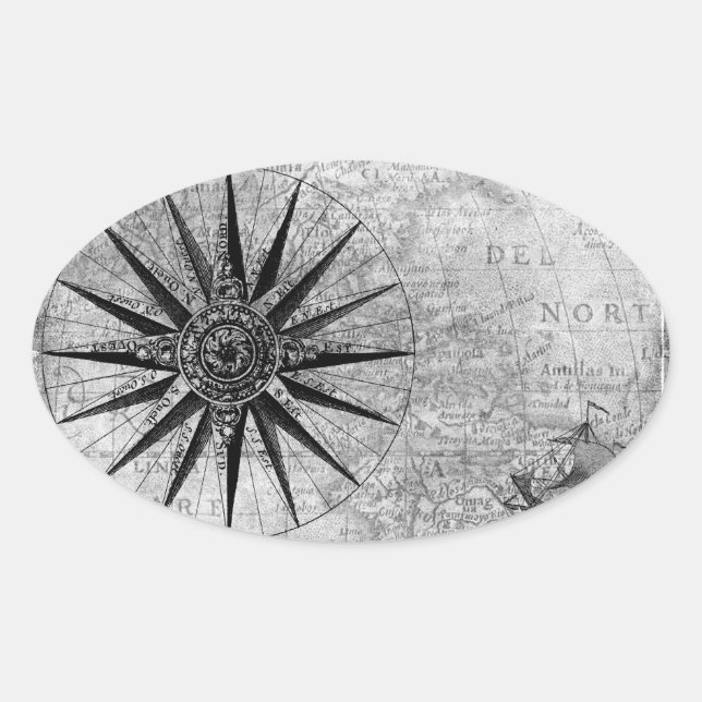 Adesivo Oval Vintage preto e branco mapa do mar decalque DIY &  (Frente)