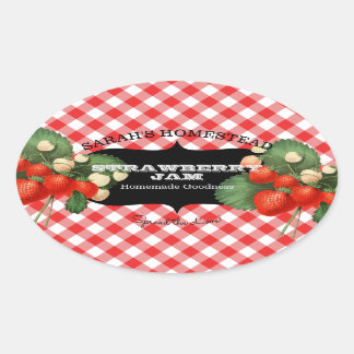 Adesivo Oval Vintage Strawberry Label Fruta Preservar Gingham