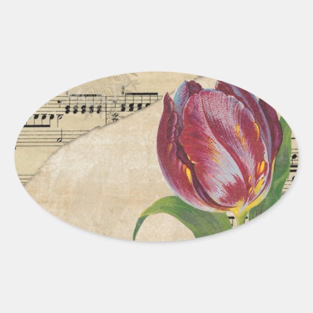 Adesivo Oval Vintage Victorian Music Romance Tulips (Frente)