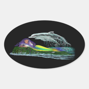 Adesivo Oval Virgem de mar com delfins