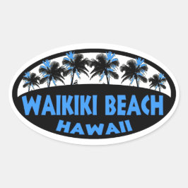 Adesivo Oval Waikiki Beach Havaí palmeiras azuis pretas palmeir
