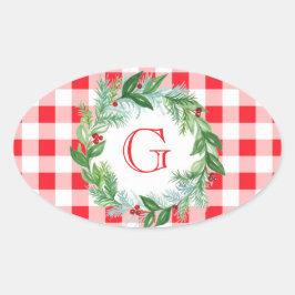 Adesivo Oval Watercolor Pine Wreath MONOGRAM Red Check