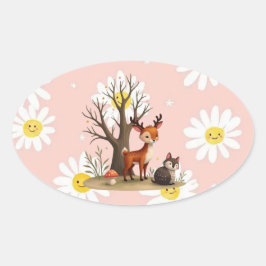 Adesivo Oval Whimsical Deer & Hedgehog Sticker