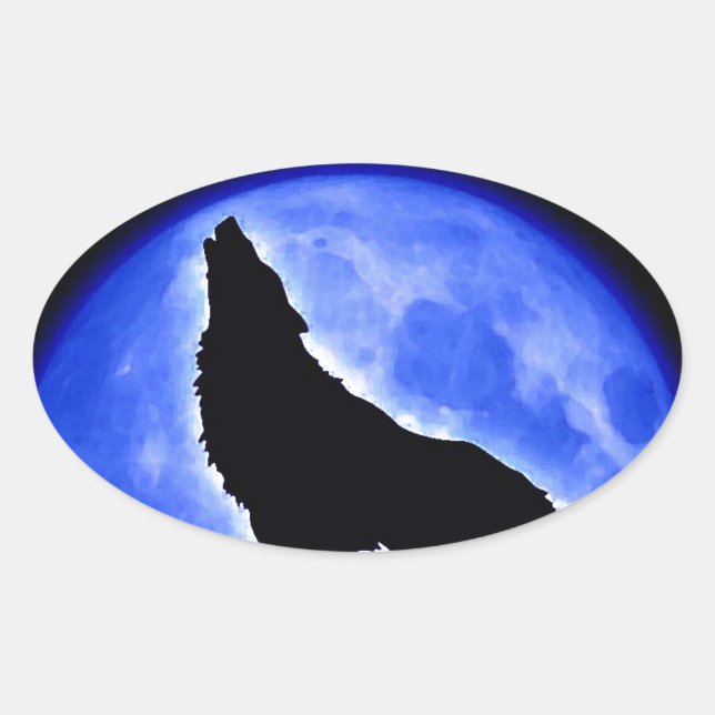 Adesivo Oval Wolf Howling na Lua (Frente)