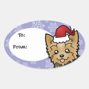 Adesivo Oval Yorkshire terrier do Natal (cabelo curto com arco)