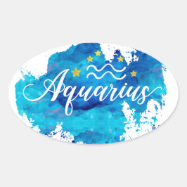 Adesivo Oval Zodiarius Aquarius Blue Watercolor Stars Dourados