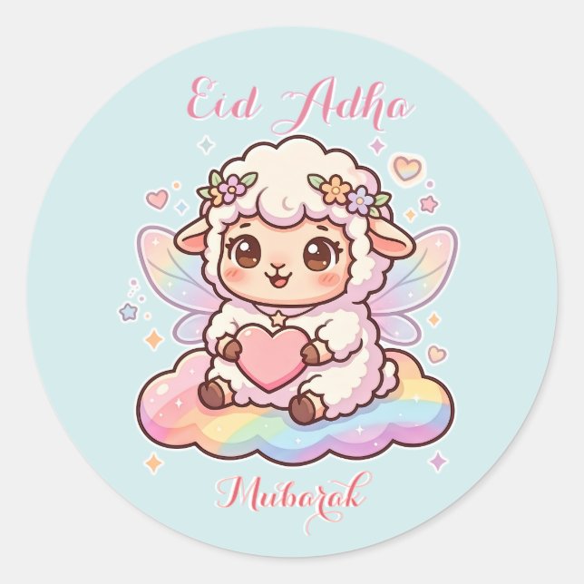 Adesivo Ovelha Fada Chibi Fofa Arco-íris Eid Adha Mubarak  (Frente)